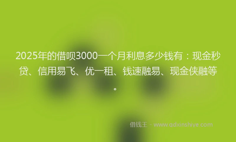2025年的借呗3000一个月利息多少钱有：现金秒贷、信用易飞、优一租、钱速融易、现金侠融等。