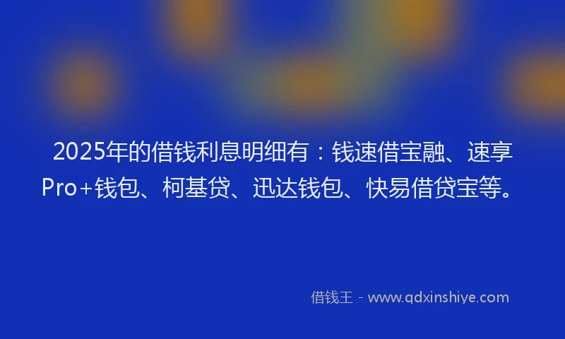 2025年的借钱利息明细有：钱速借宝融、速享Pro+钱包、柯基贷、迅达钱包、快易借贷宝等。