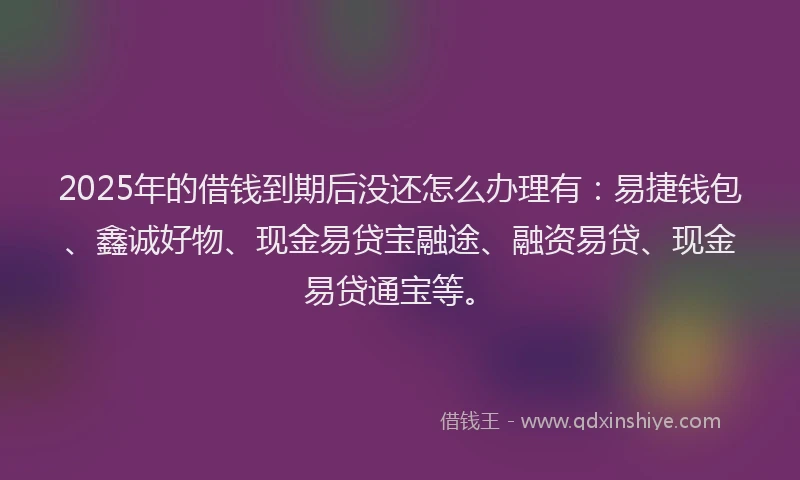 2025年的借钱到期后没还怎么办理有：易捷钱包、鑫诚好物、现金易贷宝融途、融资易贷、现金易贷通宝等。
