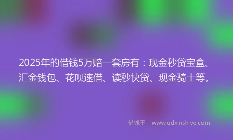 2025年的借钱5万赔一套房有：现金秒贷宝盒、汇金钱包、花呗速借、读秒快贷、现金骑士等。