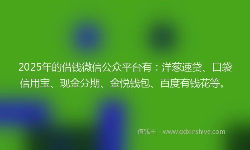 2025年的借钱微信公众平台有：洋葱速贷、口袋信用宝、现金分期、金悦钱包、百度有钱花等。