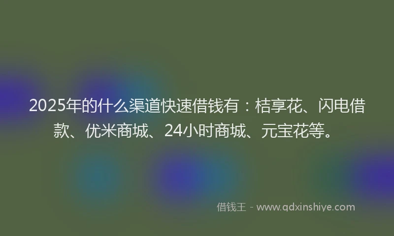 2025年的什么渠道快速借钱有：桔享花、闪电借款、优米商城、24小时商城、元宝花等。