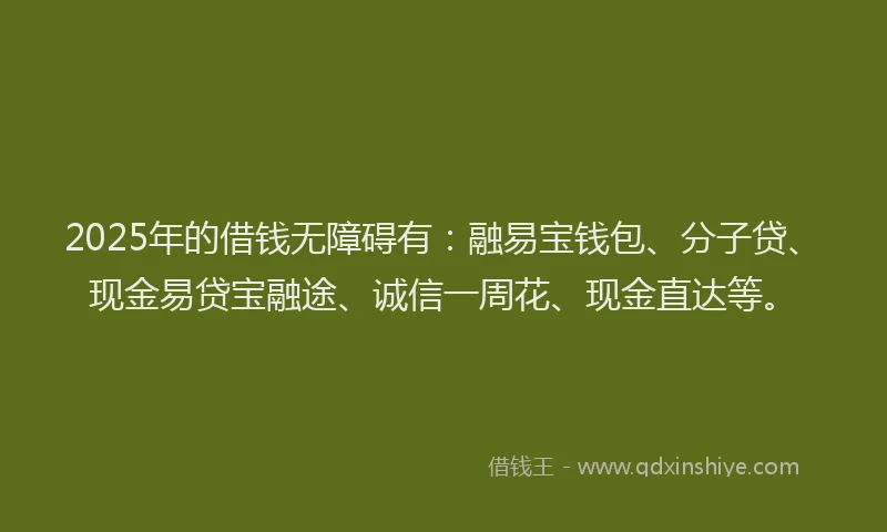 2025年的借钱无障碍有：融易宝钱包、分子贷、现金易贷宝融途、诚信一周花、现金直达等。