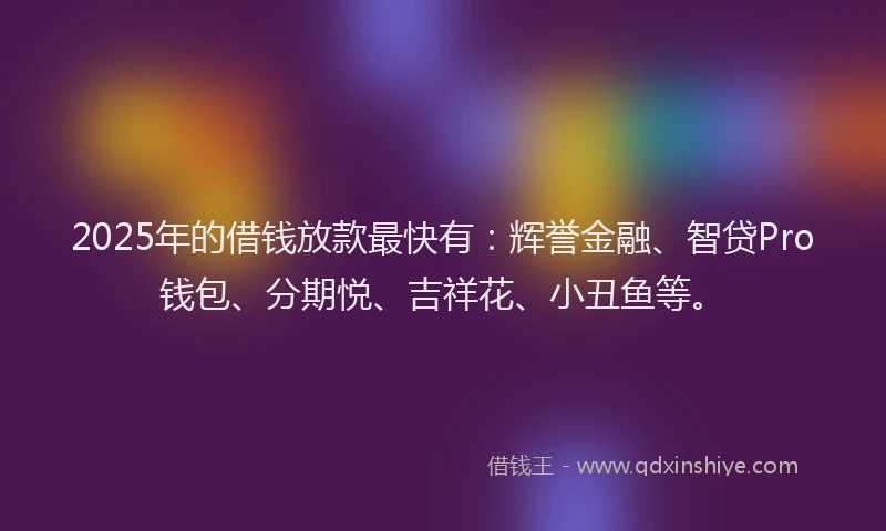 2025年的借钱放款最快有：辉誉金融、智贷Pro钱包、分期悦、吉祥花、小丑鱼等。