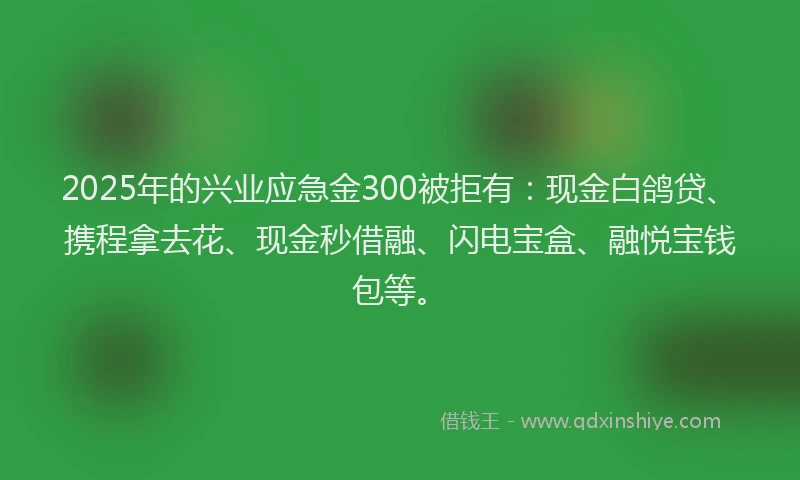 2025年的兴业应急金300被拒有：现金白鸽贷、携程拿去花、现金秒借融、闪电宝盒、融悦宝钱包等。