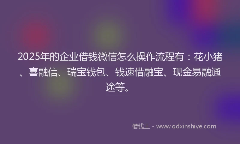 2025年的企业借钱微信怎么操作流程有：花小猪、喜融信、瑞宝钱包、钱速借融宝、现金易融通途等。