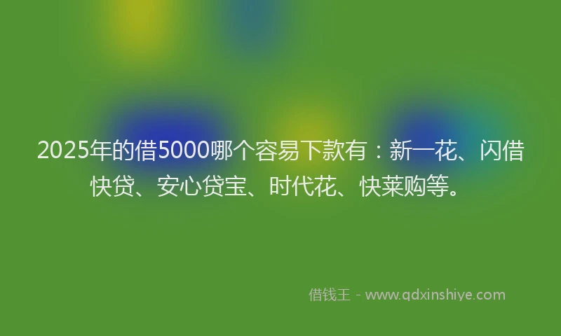 2025年的借5000哪个容易下款有：新一花、闪借快贷、安心贷宝、时代花、快莱购等。