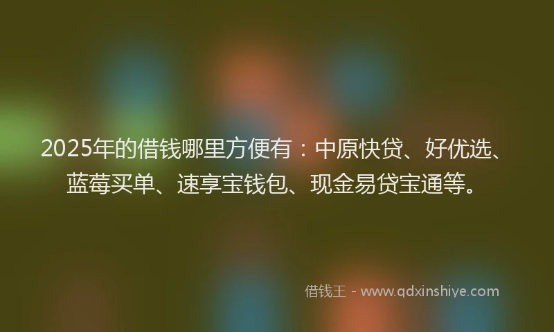 2025年的借钱哪里方便有：中原快贷、好优选、蓝莓买单、速享宝钱包、现金易贷宝通等。