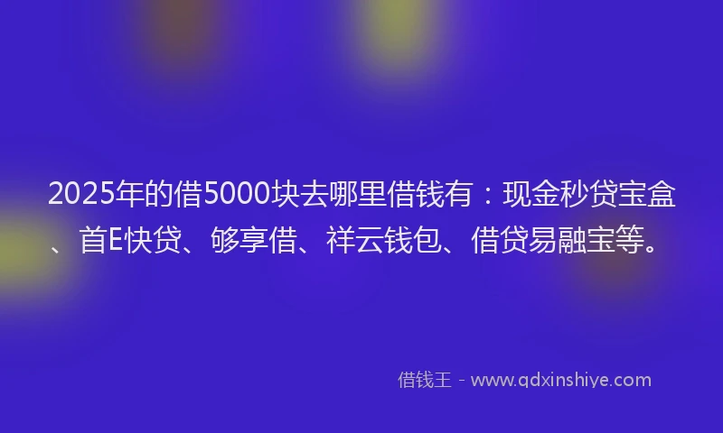 2025年的借5000块去哪里借钱有：现金秒贷宝盒、首E快贷、够享借、祥云钱包、借贷易融宝等。