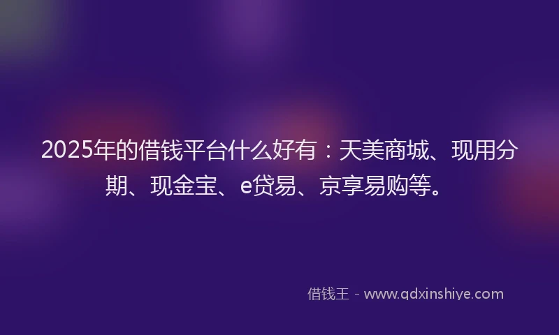 2025年的借钱平台什么好有：天美商城、现用分期、现金宝、e贷易、京享易购等。