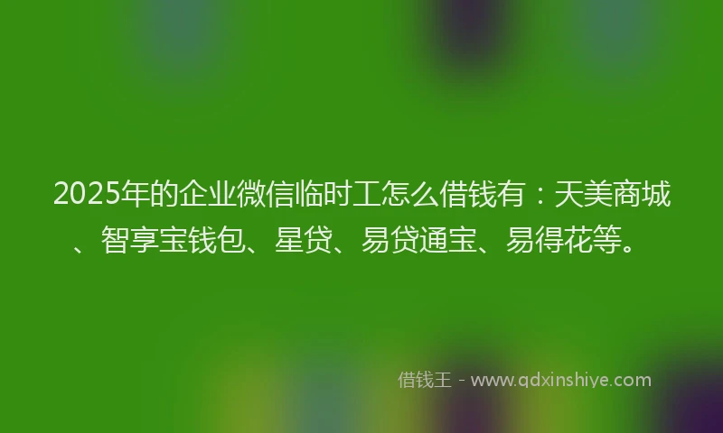 2025年的企业微信临时工怎么借钱有：天美商城、智享宝钱包、星贷、易贷通宝、易得花等。