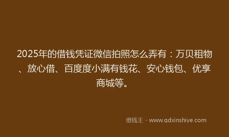 2025年的借钱凭证微信拍照怎么弄有：万贝租物、放心借、百度度小满有钱花、安心钱包、优享商城等。