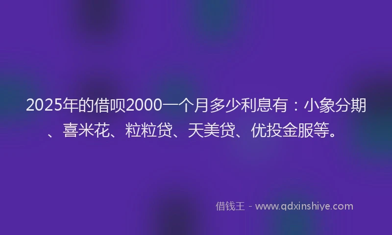 2025年的借呗2000一个月多少利息有：小象分期、喜米花、粒粒贷、天美贷、优投金服等。