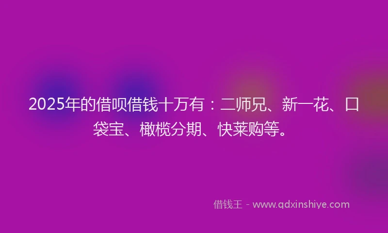 2025年的借呗借钱十万有：二师兄、新一花、口袋宝、橄榄分期、快莱购等。