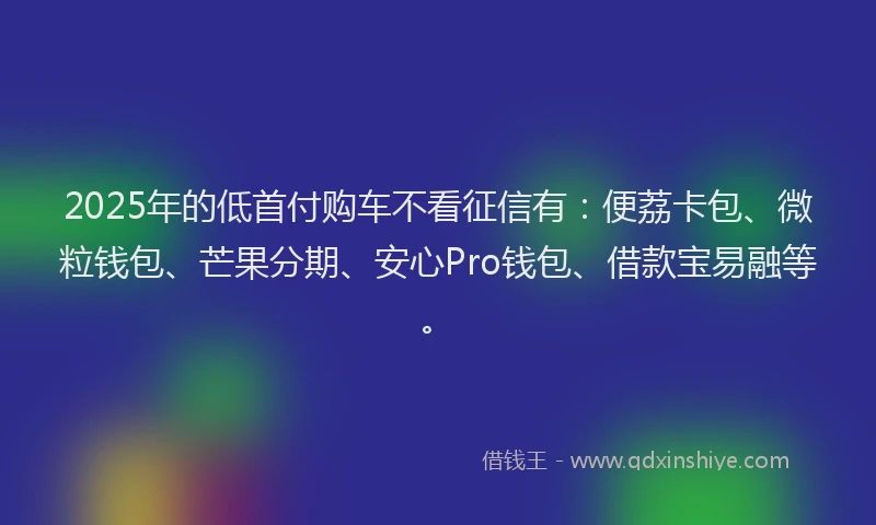 2025年的低首付购车不看征信有：便荔卡包、微粒钱包、芒果分期、安心Pro钱包、借款宝易融等。