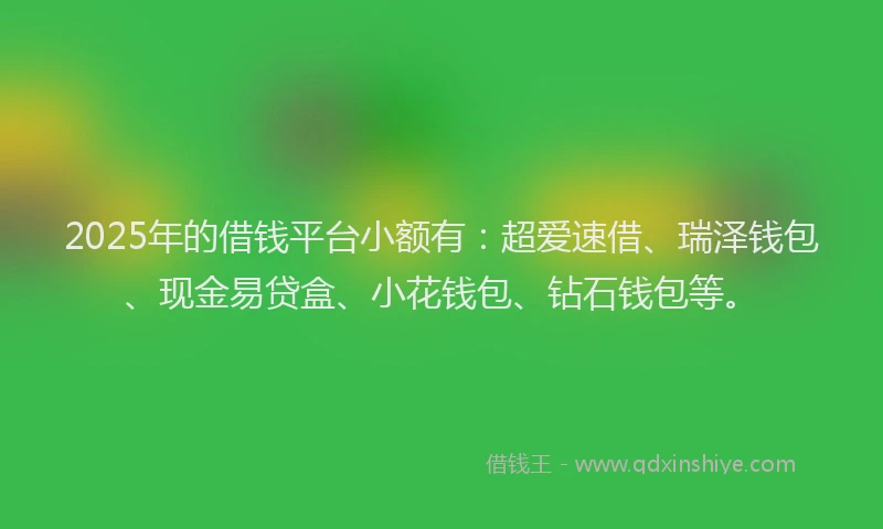 2025年的借钱平台小额有：超爱速借、瑞泽钱包、现金易贷盒、小花钱包、钻石钱包等。