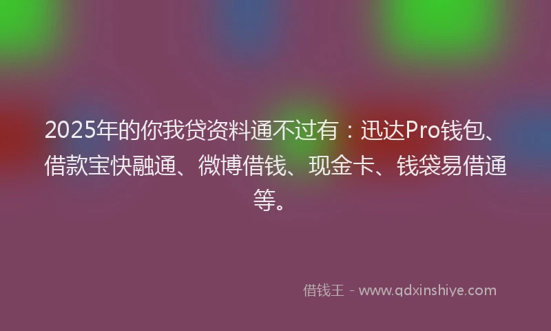2025年的你我贷资料通不过有：迅达Pro钱包、借款宝快融通、微博借钱、现金卡、钱袋易借通等。