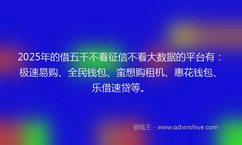 2025年的借五千不看征信不看大数据的平台有：极速易购、全民钱包、蛮想购租机、惠花钱包、乐借速贷等。