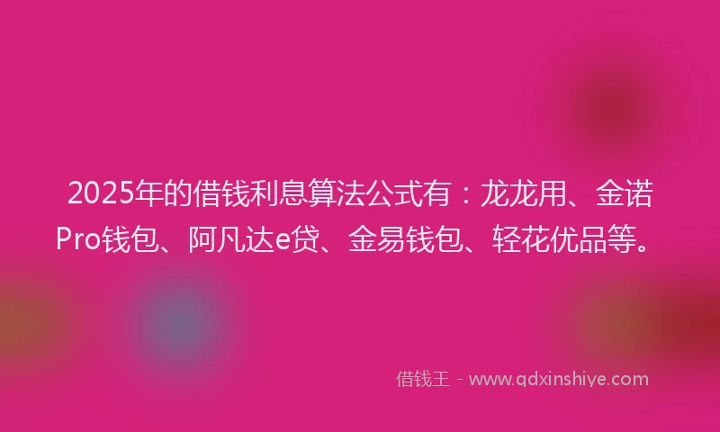 2025年的借钱利息算法公式有：龙龙用、金诺Pro钱包、阿凡达e贷、金易钱包、轻花优品等。