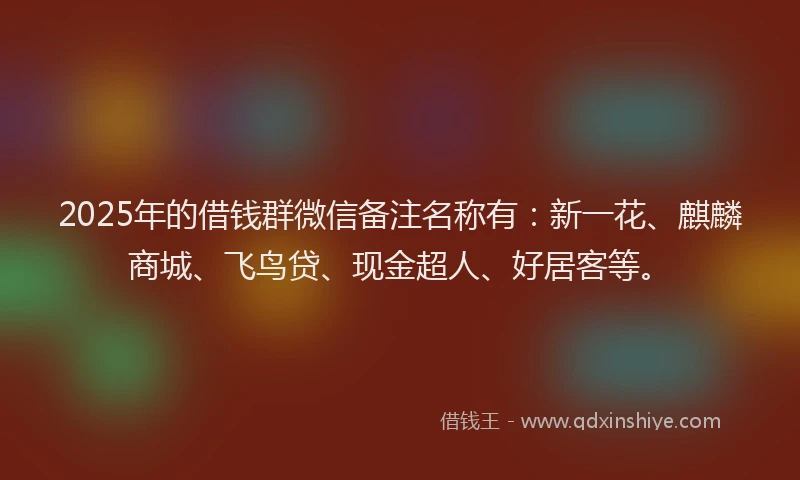 2025年的借钱群微信备注名称有：新一花、麒麟商城、飞鸟贷、现金超人、好居客等。