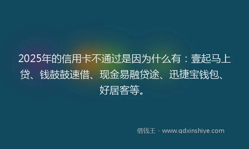 2025年的信用卡不通过是因为什么有：壹起马上贷、钱鼓鼓速借、现金易融贷途、迅捷宝钱包、好居客等。