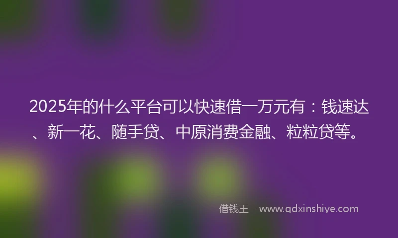 2025年的什么平台可以快速借一万元有：钱速达、新一花、随手贷、中原消费金融、粒粒贷等。