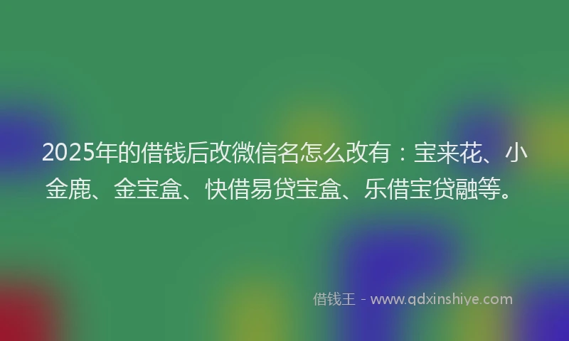 2025年的借钱后改微信名怎么改有：宝来花、小金鹿、金宝盒、快借易贷宝盒、乐借宝贷融等。