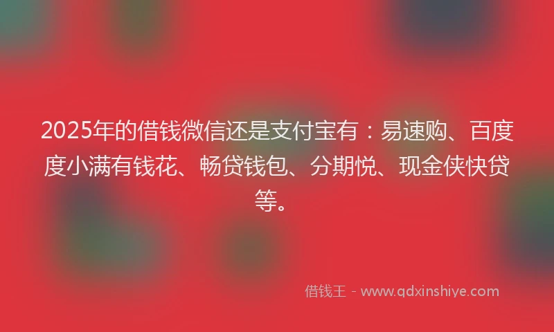 2025年的借钱微信还是支付宝有：易速购、百度度小满有钱花、畅贷钱包、分期悦、现金侠快贷等。