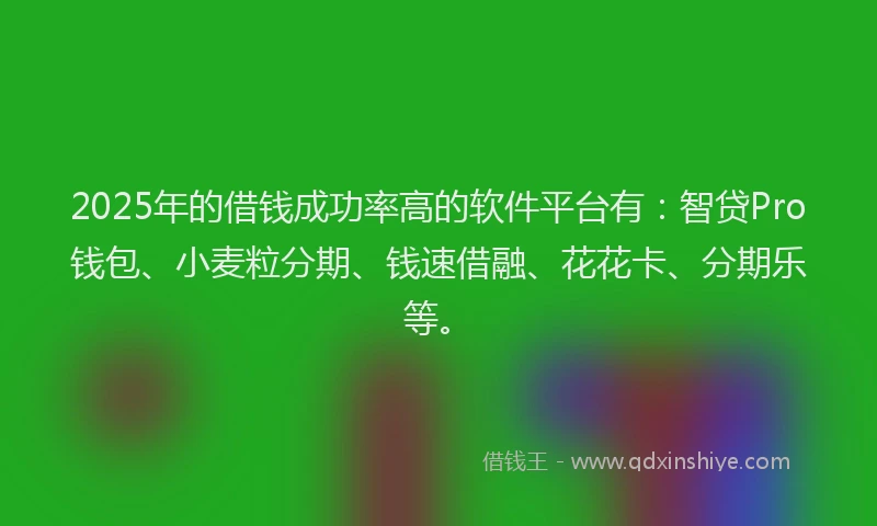 2025年的借钱成功率高的软件平台有：智贷Pro钱包、小麦粒分期、钱速借融、花花卡、分期乐等。