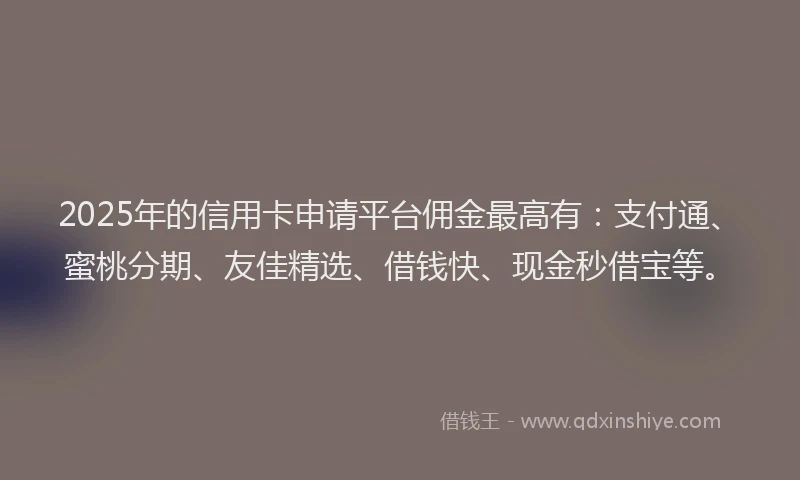 2025年的信用卡申请平台佣金最高有：支付通、蜜桃分期、友佳精选、借钱快、现金秒借宝等。