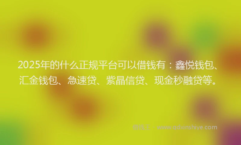 2025年的什么正规平台可以借钱有：鑫悦钱包、汇金钱包、急速贷、紫晶信贷、现金秒融贷等。