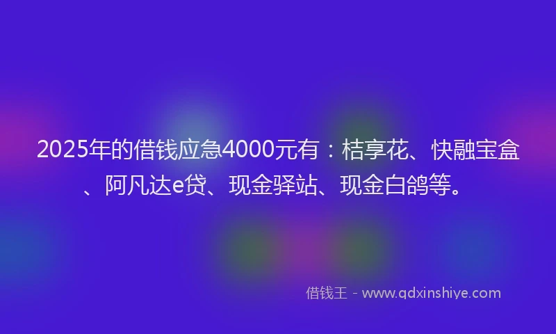 2025年的借钱应急4000元有：桔享花、快融宝盒、阿凡达e贷、现金驿站、现金白鸽等。