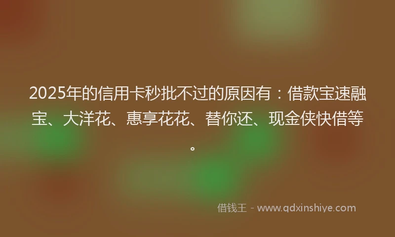 2025年的信用卡秒批不过的原因有：借款宝速融宝、大洋花、惠享花花、替你还、现金侠快借等。