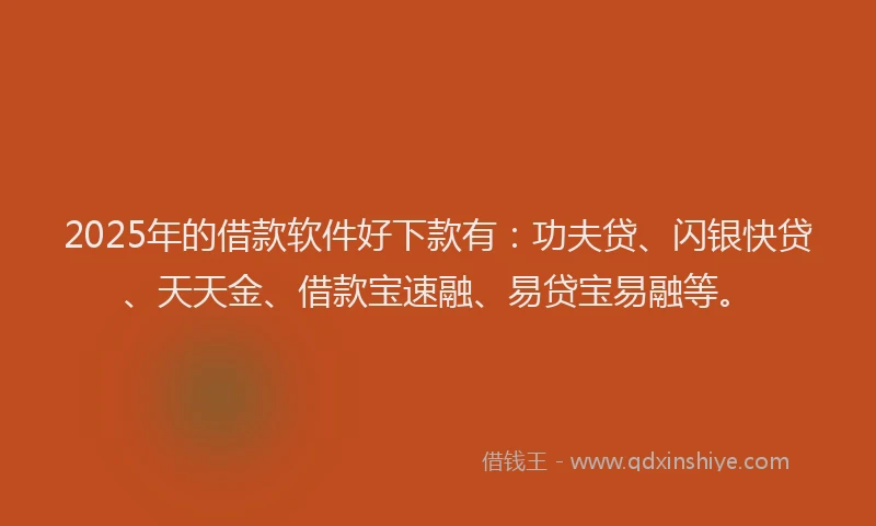2025年的借款软件好下款有：功夫贷、闪银快贷、天天金、借款宝速融、易贷宝易融等。