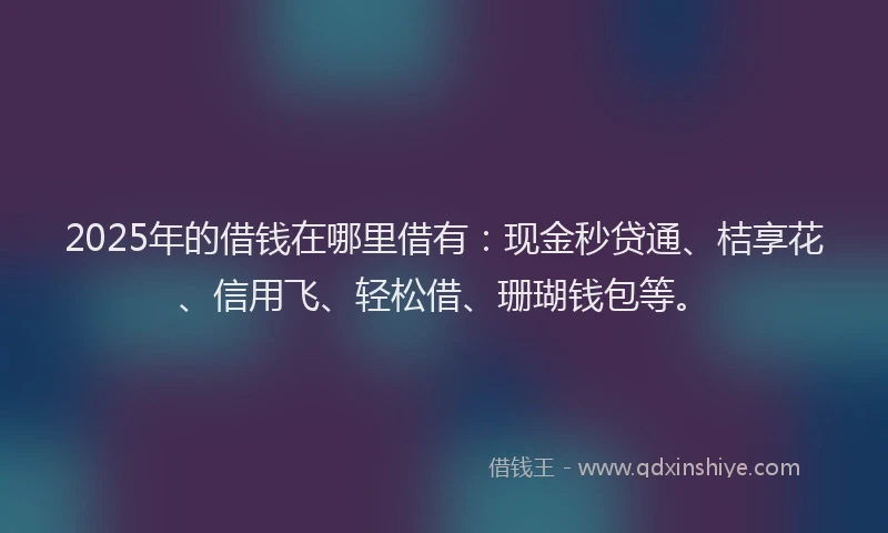 2025年的借钱在哪里借有：现金秒贷通、桔享花、信用飞、轻松借、珊瑚钱包等。