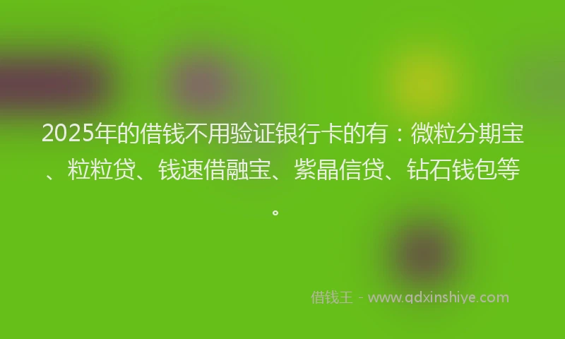 2025年的借钱不用验证银行卡的有：微粒分期宝、粒粒贷、钱速借融宝、紫晶信贷、钻石钱包等。