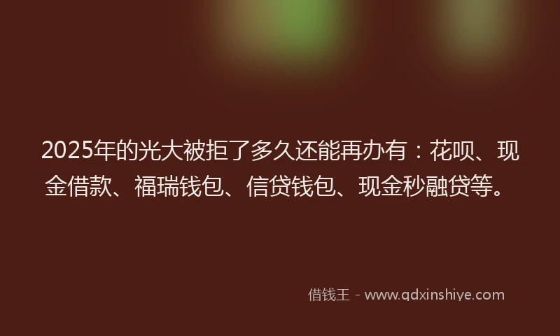 2025年的光大被拒了多久还能再办有：花呗、现金借款、福瑞钱包、信贷钱包、现金秒融贷等。