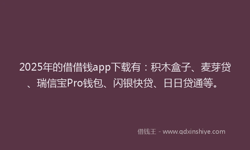 2025年的借借钱app下载有：积木盒子、麦芽贷、瑞信宝Pro钱包、闪银快贷、日日贷通等。