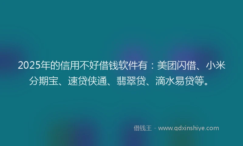 2025年的信用不好借钱软件有：美团闪借、小米分期宝、速贷侠通、翡翠贷、滴水易贷等。