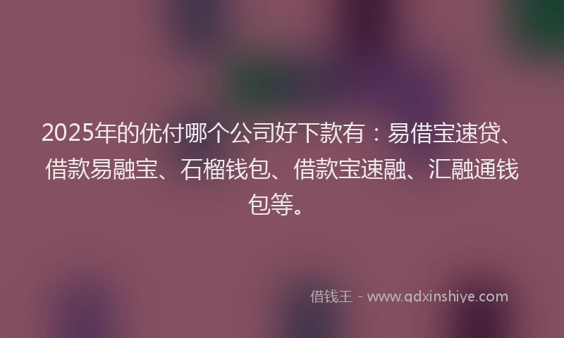2025年的优付哪个公司好下款有：易借宝速贷、借款易融宝、石榴钱包、借款宝速融、汇融通钱包等。
