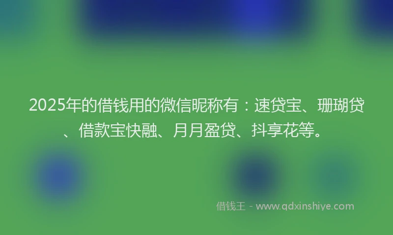 2025年的借钱用的微信昵称有：速贷宝、珊瑚贷、借款宝快融、月月盈贷、抖享花等。