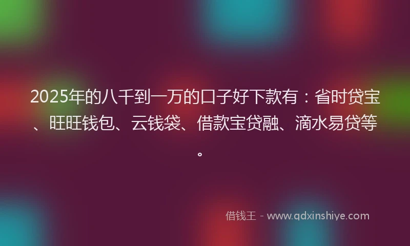 2025年的八千到一万的口子好下款有：省时贷宝、旺旺钱包、云钱袋、借款宝贷融、滴水易贷等。
