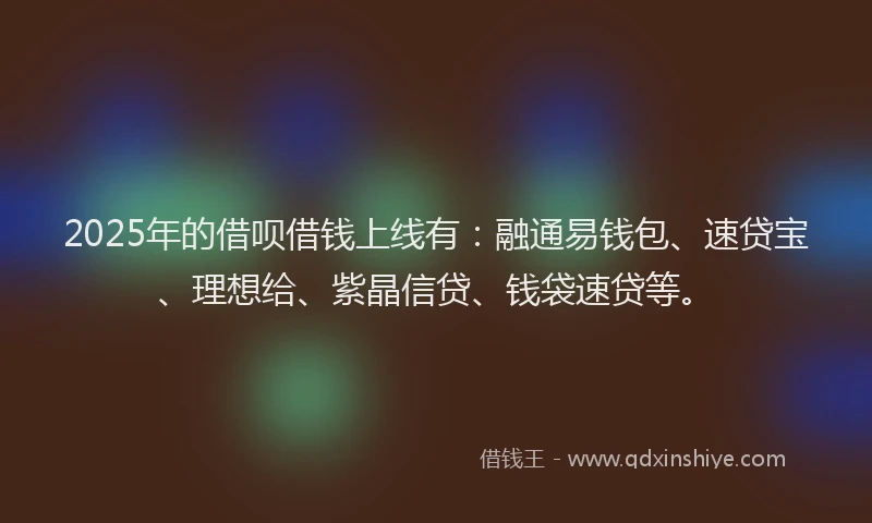 2025年的借呗借钱上线有：融通易钱包、速贷宝、理想给、紫晶信贷、钱袋速贷等。