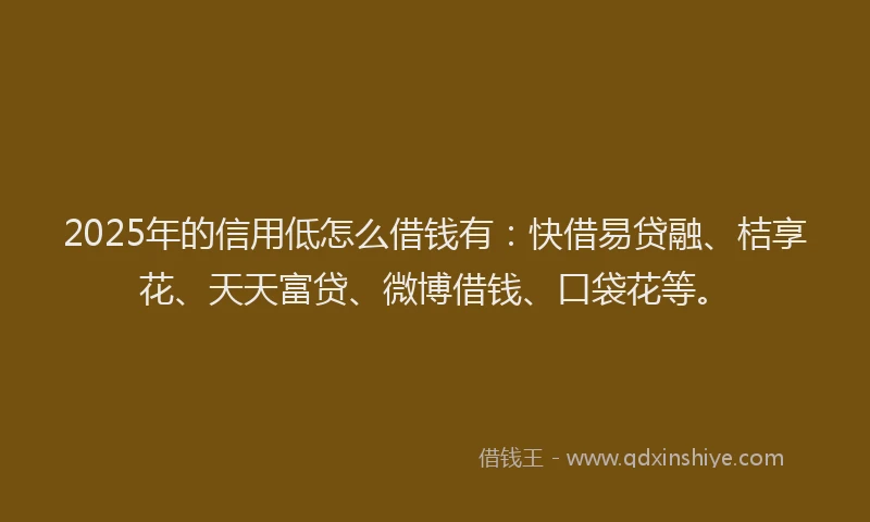 2025年的信用低怎么借钱有：快借易贷融、桔享花、天天富贷、微博借钱、口袋花等。