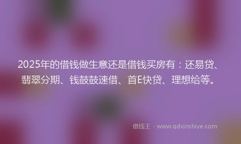 2025年的借钱做生意还是借钱买房有：还易贷、翡翠分期、钱鼓鼓速借、首E快贷、理想给等。