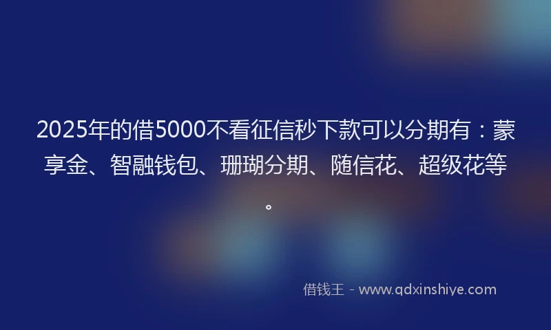 2025年的借5000不看征信秒下款可以分期有：蒙享金、智融钱包、珊瑚分期、随信花、超级花等。