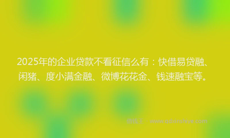 2025年的企业贷款不看征信么有：快借易贷融、闲猪、度小满金融、微博花花金、钱速融宝等。