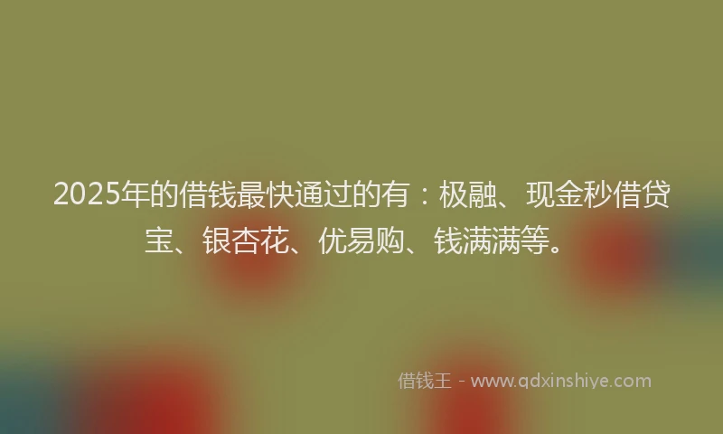 2025年的借钱最快通过的有：极融、现金秒借贷宝、银杏花、优易购、钱满满等。