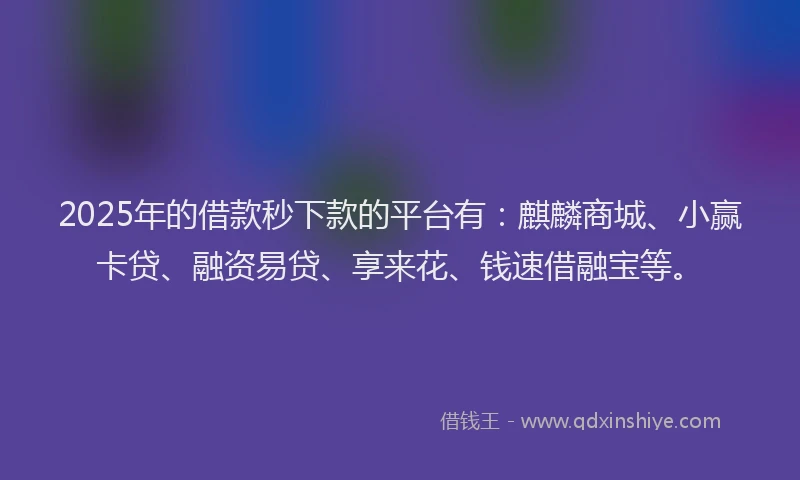 2025年的借款秒下款的平台有：麒麟商城、小赢卡贷、融资易贷、享来花、钱速借融宝等。