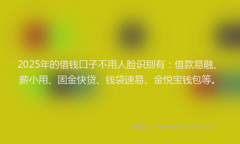 2025年的借钱口子不用人脸识别有：借款易融、薪小用、固金快贷、钱袋速易、金悦宝钱包等。